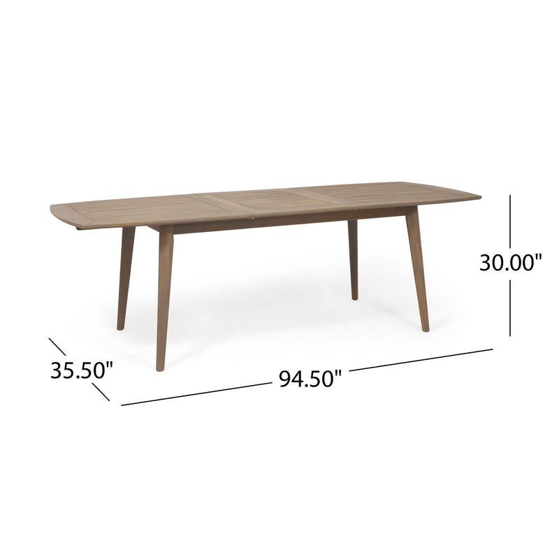 Noble House Placidity outdoor expandable dining table with slatted tabletop and tapered legs, perfect for patio dining.