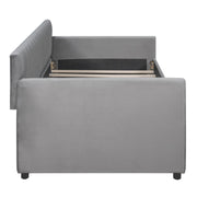 DreamHaus upholstered daybed with slat support, featuring storage beds design, natural fabric upholstery, and sturdy wood slats.