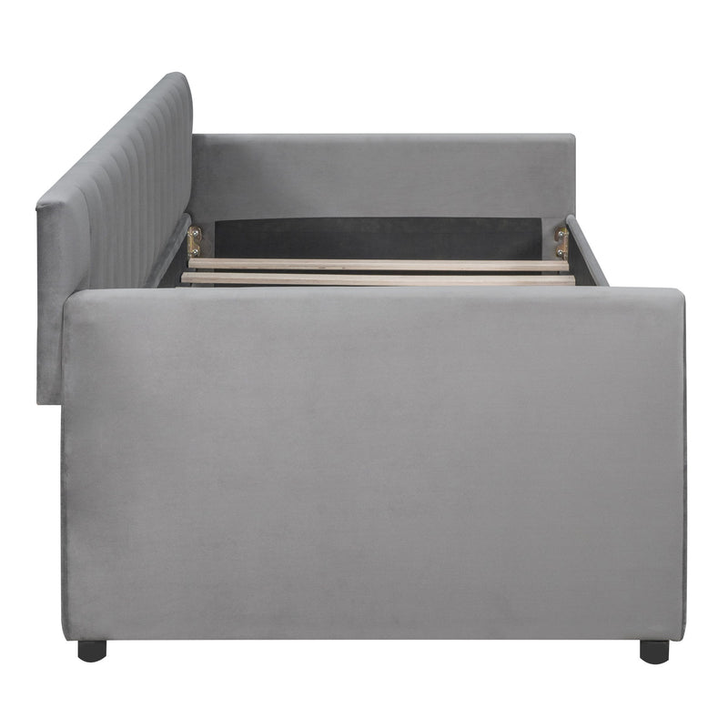 DreamHaus upholstered daybed with slat support, featuring storage beds design, natural fabric upholstery, and sturdy wood slats.
