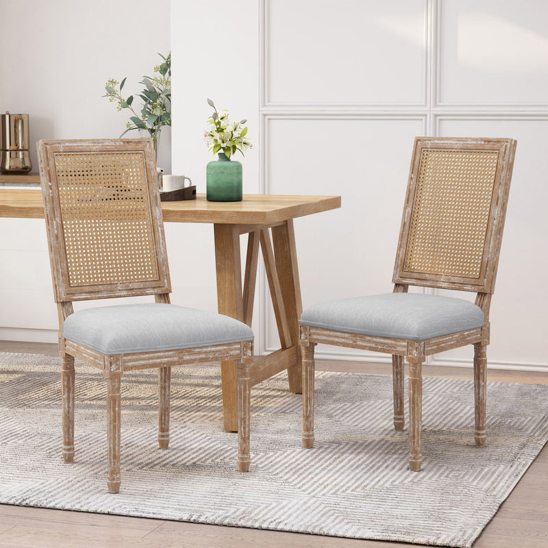 French Country Dining Chair With Rectangular Cane Backrest And Smooth Upholstered Seating - R&R Furniture Gallery (Fountain Valley, CA)