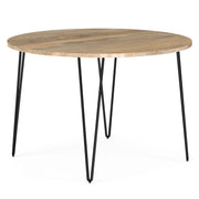 Simpli-Home Hunter round dining table in natural wood finish, showcasing smooth surface and sturdy legs for modern dining spaces.