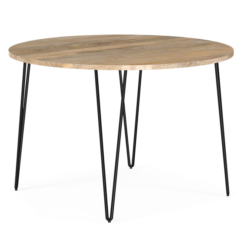 Simpli-Home Hunter round dining table in natural wood finish, showcasing smooth surface and sturdy legs for modern dining spaces.