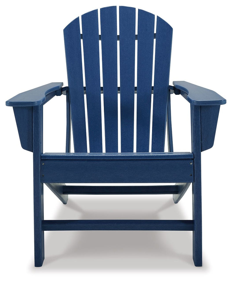 Outdoor Adirondack chair from the Sundown Treasure collection by Signature Design by Ashley, featuring a wooden armchair with a slatted back.