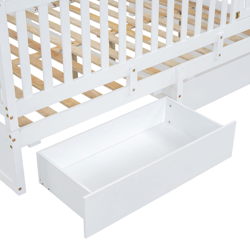 DreamHaus storage daybed with fence guardrails, two drawers, and versatile split design as independent floor bed and daybed.