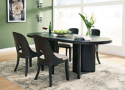 Signature Design by Ashley Rowanbeck 5-piece dining room set with a wooden table and upholstered chairs in a contemporary style.