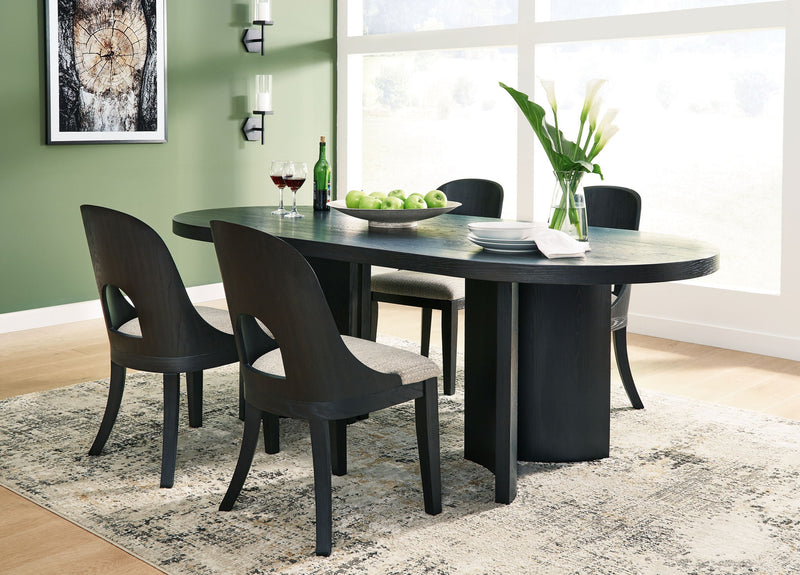 Signature Design by Ashley Rowanbeck 5-piece dining room set with a wooden table and upholstered chairs in a contemporary style.