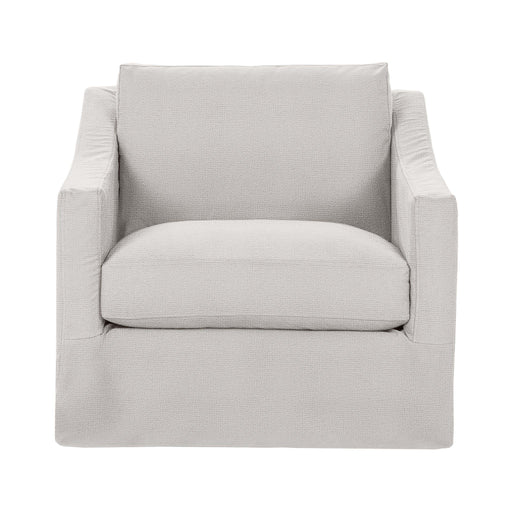 Classic Home Kipton swivel chair with cushioned seat, wooden base, and modern design, shown in a cozy living room setting.