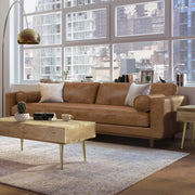 Simpli-Home Morrison upholstered stationary sofa with plush fabric and cushioned armrests, in a modern living room setting.