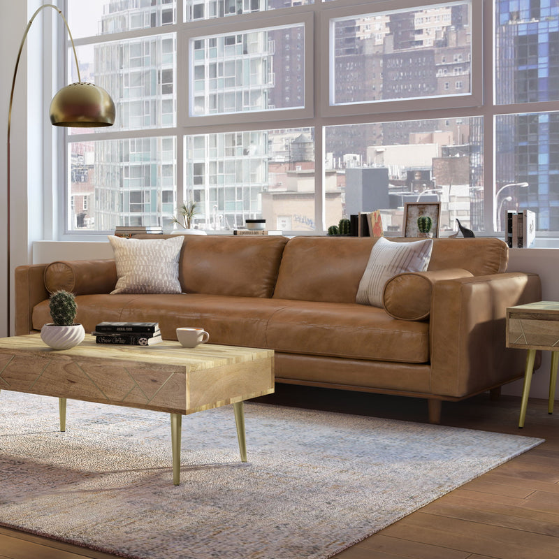 Simpli-Home Morrison upholstered stationary sofa with plush fabric and cushioned armrests, in a modern living room setting.