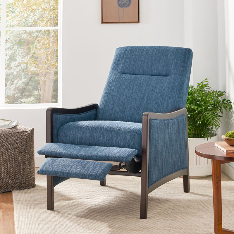 Contemporary fabric upholstered Noble House Drury pushback recliner with plush cushioning and modern design, shown in a living room setting.