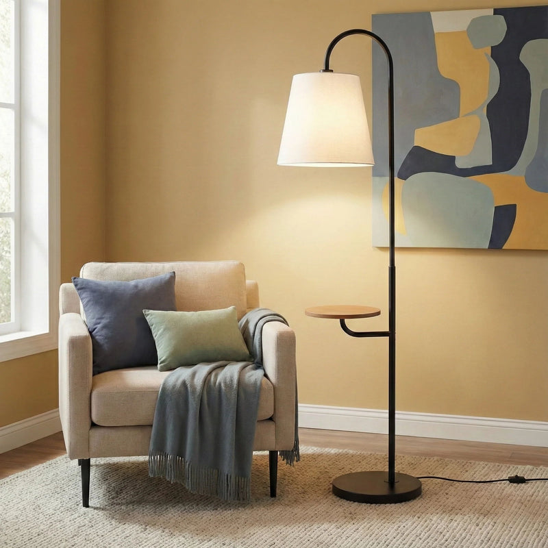 Seoul - Floor Lamp With Rotary Switch Wood Table Base - Black / White - R&R Furniture Gallery (Fountain Valley, CA)