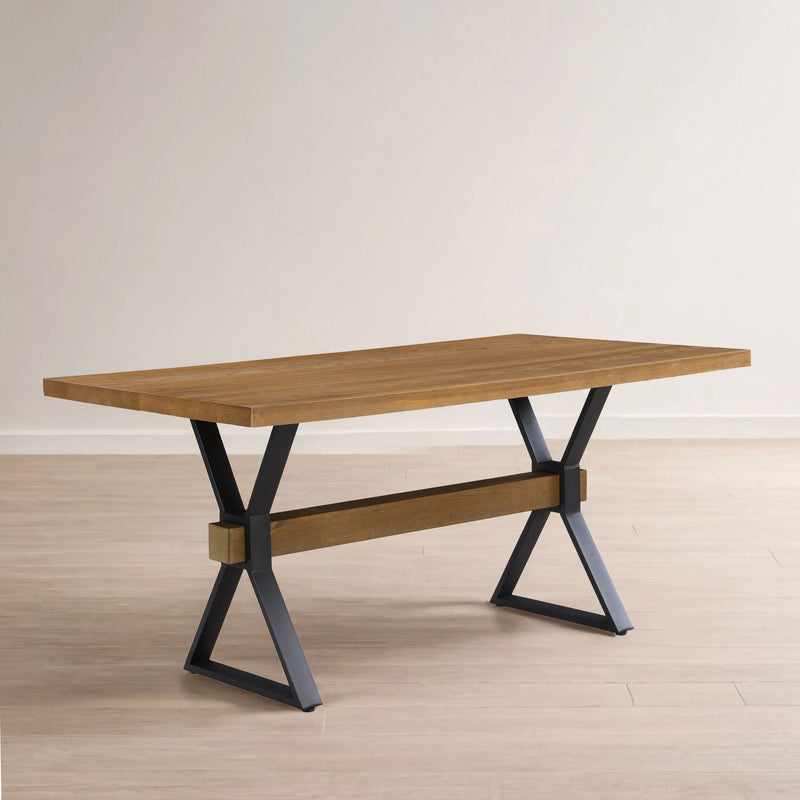 Brown farmhouse-style dining table with X-shaped legs and moulded details from Noble House, showcasing a sturdy, rustic wood design.