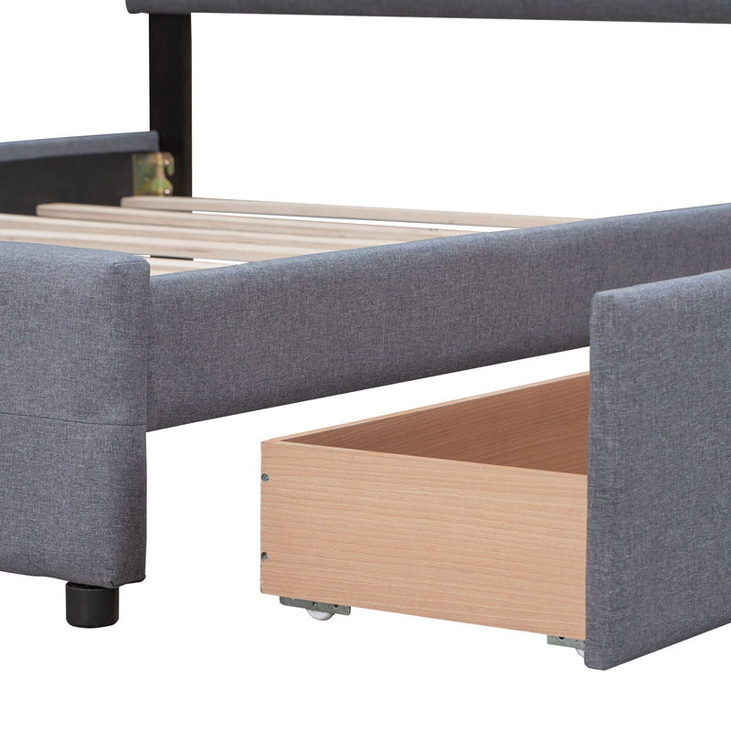 DreamHaus upholstered storage platform bed with classic headboard and built-in drawers, no box spring needed in a modern bedroom setting.