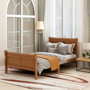 DreamHaus platform bed frame with headboard, footboard, wood slat support, showcasing a sturdy wooden sleigh design.