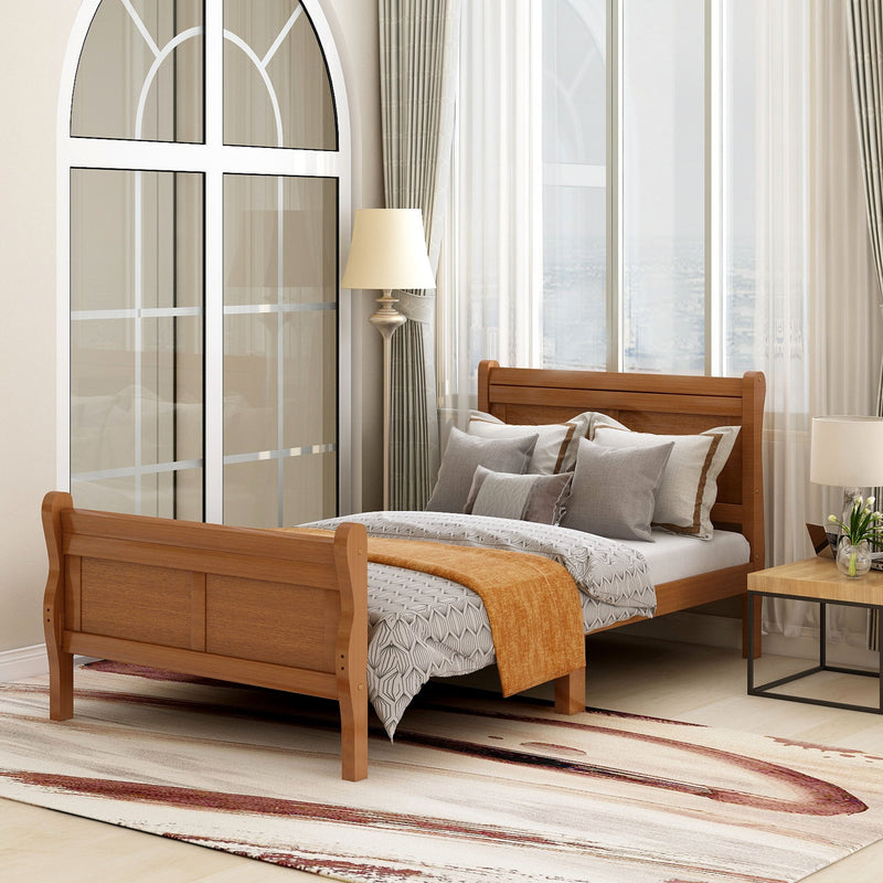 DreamHaus platform bed frame with headboard, footboard, wood slat support, showcasing a sturdy wooden sleigh design.