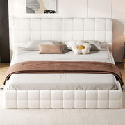 Dreamland upholstered platform bed with padded headboard, showcasing a modern, plush design in a cozy bedroom setting.