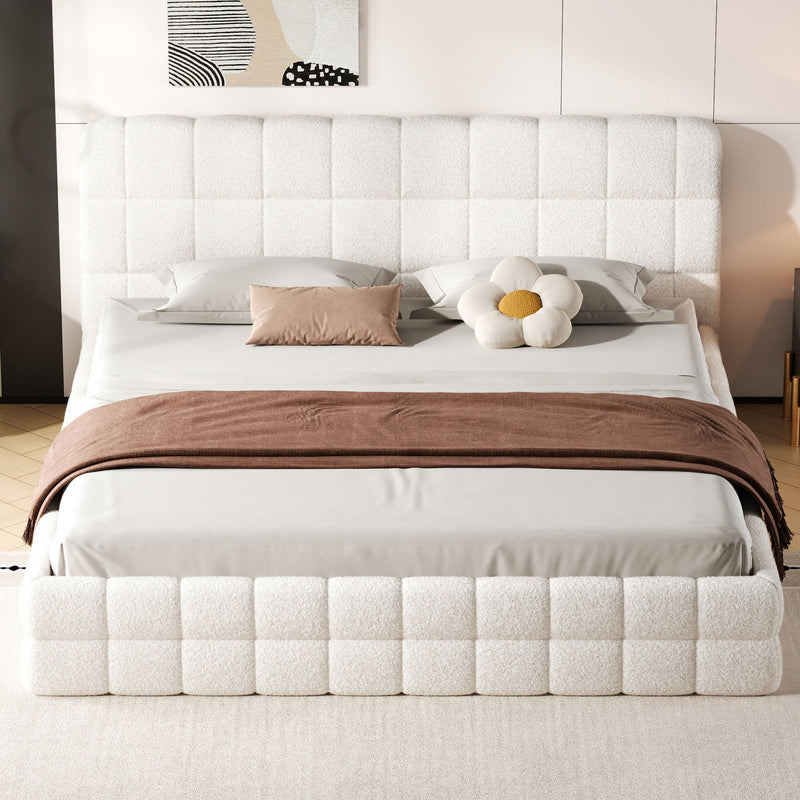 Dreamland upholstered platform bed with padded headboard, showcasing a modern, plush design in a cozy bedroom setting.