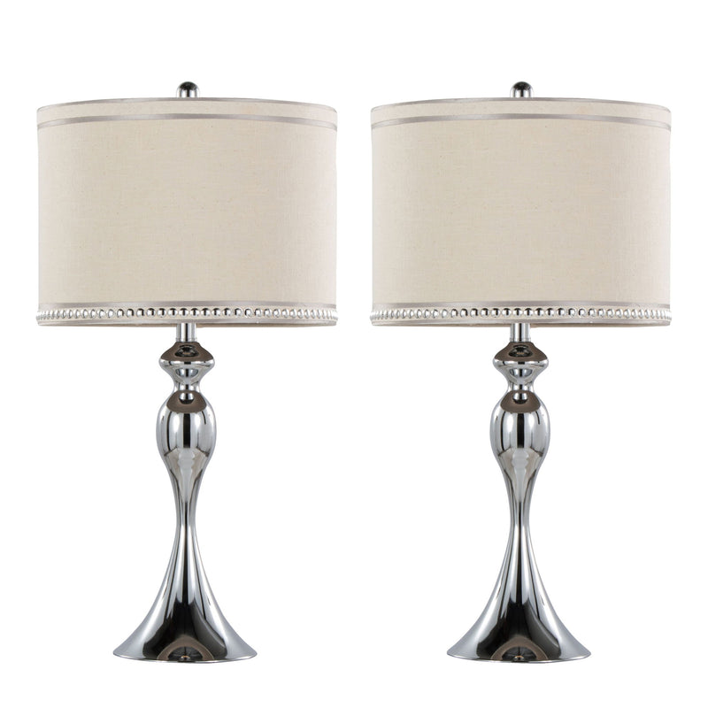 Pair of Lumi Source Ashland contemporary table lamps with polished chrome bases and cream lampshades, set of two.