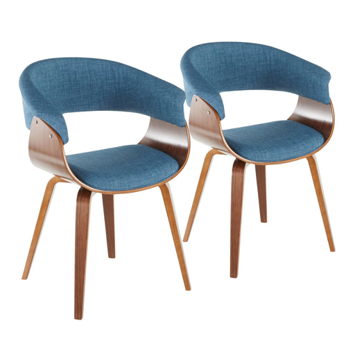 Pair of vintage Lumi Source mid-century modern dining chairs with sleek wooden frames and upholstered seats, set of two.