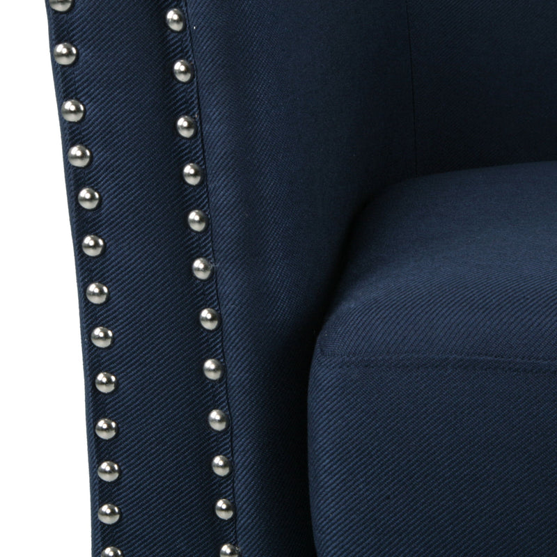 Noble House modern upholstered swivel club chair with nailhead trim, showcasing plush fabric, rounded back, and metal swivel base.