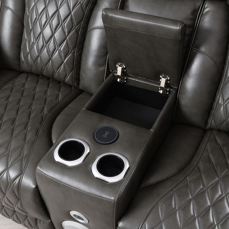 Taddeo - Power Motion Loveseat With Console, Speaker, USB, Wireless Charger & LED - Dark Gray - R&R Furniture Gallery (Fountain Valley, CA)