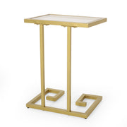 Modern glam C-shaped end table by Noble House with gold finish and tempered glass top, designed for chair side use.