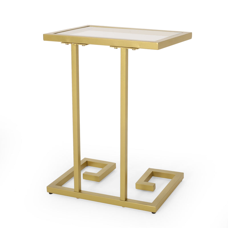 Modern glam C-shaped end table by Noble House with gold finish and tempered glass top, designed for chair side use.
