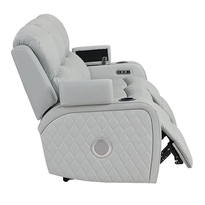 Elonzo - Power Motion Sofa With LED, Power Headrest & Speaker - Light Gray - R&R Furniture Gallery (Fountain Valley, CA)