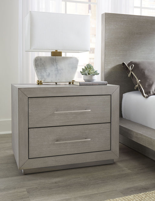 Modus Melbourne two-drawer nightstand with USB ports in mineral finish, showcasing sleek design and storage drawers.