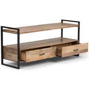 Natural wood Riverside TV media stand by Simpli-Home with open shelving and storage compartments for media devices.