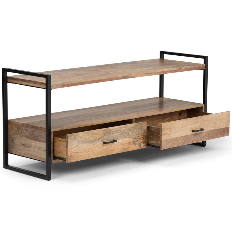 Natural wood Riverside TV media stand by Simpli-Home with open shelving and storage compartments for media devices.