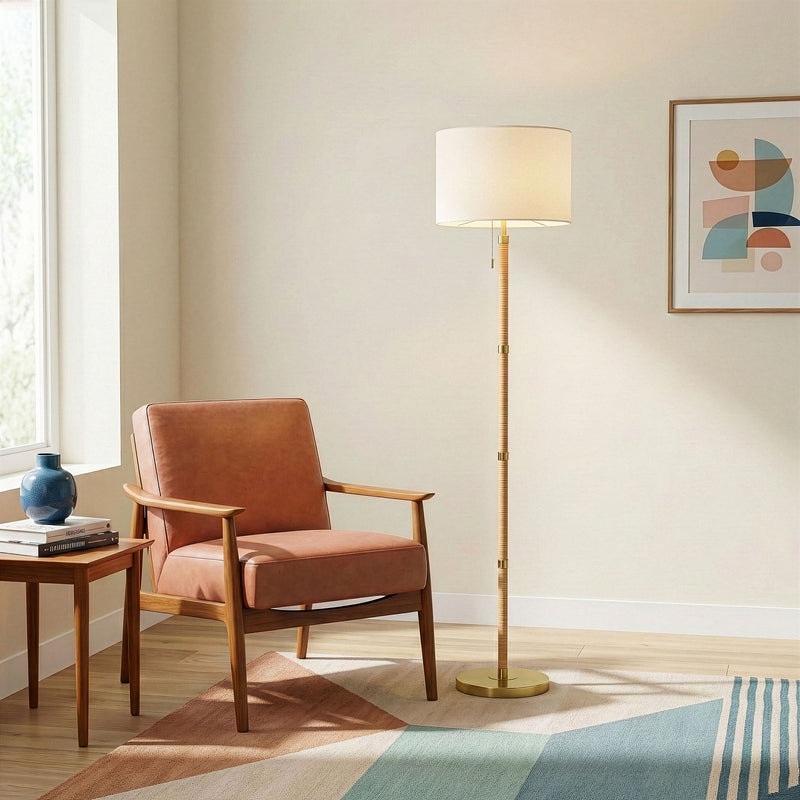 Stellar - Linen Shade Floor Lamp - Gold / Natural Wood / Rattan / White - R&R Furniture Gallery (Fountain Valley, CA)