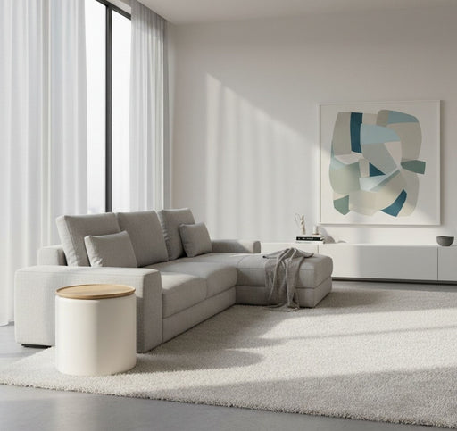Modus Oskar Lift Top Round End Table in Barley with smooth surface and functional lift mechanism for versatile use.
