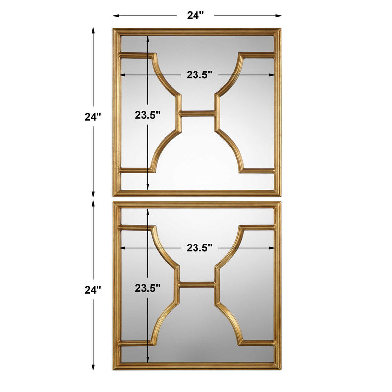 Set of two gold square wall mirrors by Uttermost, featuring sleek modern design for stylish interior decor.