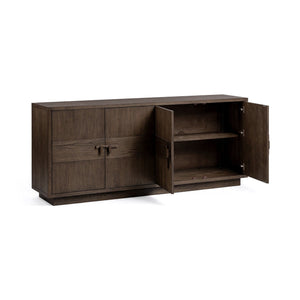 Oakridge 4-door buffet cabinet in Havana brown by Classic Home, showing wooden doors and sleek storage design.