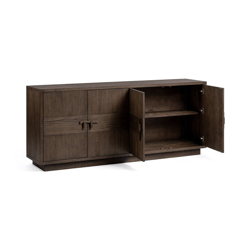 Oakridge 4-door buffet cabinet in Havana brown by Classic Home, showing wooden doors and sleek storage design.