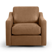 Classic Home Aspen swivel chair with a rounded back, wooden base, and plush upholstered seat in a modern design.