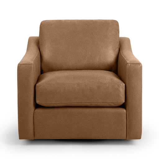 Classic Home Aspen swivel chair with a rounded back, wooden base, and plush upholstered seat in a modern design.