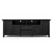 Wide Simpli-Home Amherst TV media stand with open shelves and storage compartments, ideal for modern living room setups.