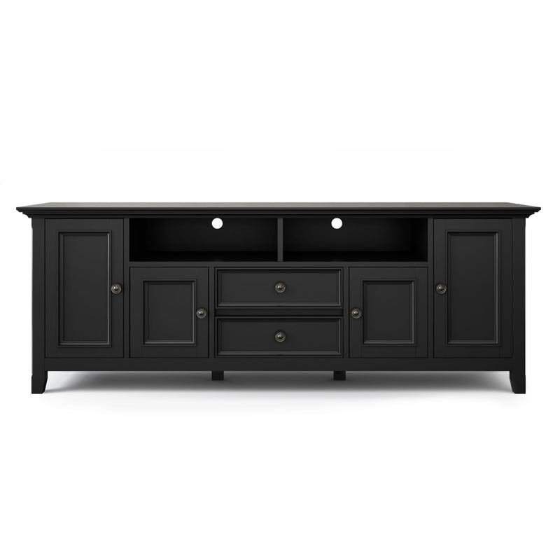 Wide Simpli-Home Amherst TV media stand with open shelves and storage compartments, ideal for modern living room setups.