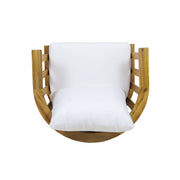 White outdoor Noble House arm chair with curved backrest and frame, ideal for patio or garden seating.