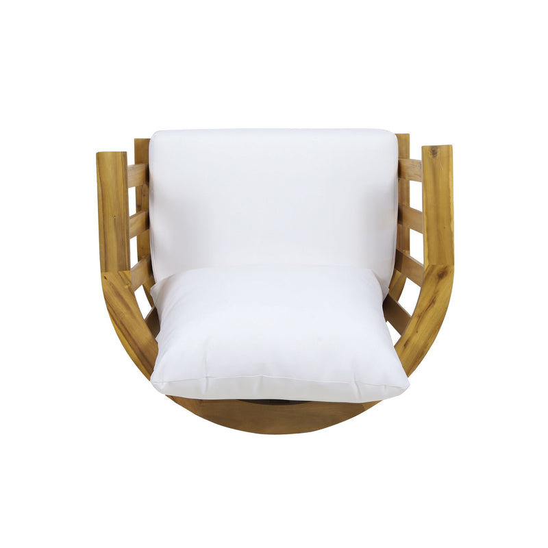 White outdoor Noble House arm chair with curved backrest and frame, ideal for patio or garden seating.