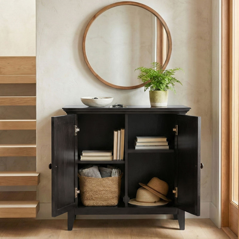 Handcrafted Amherst accent cabinet by Simpli-Home with low storage and sleek design, featuring wood finish and modern style.