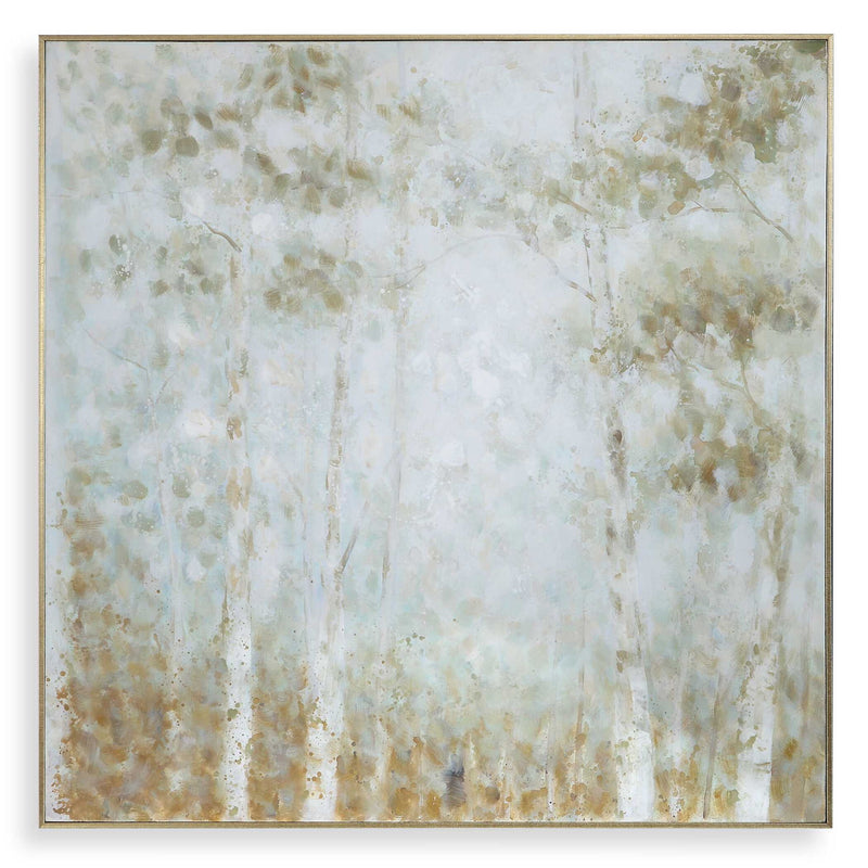 Hand painted light blue cotton woods canvas art by Uttermost featuring natural woodland scene on textured canvas.