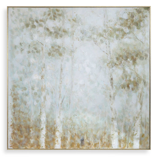 Hand painted light blue cotton woods canvas art by Uttermost featuring natural woodland scene on textured canvas.