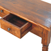 Artisan Furniture turned legs drawer console table with storage drawers and wooden finish, ideal for hallway or living room decor.