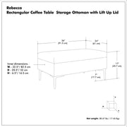 Simpli-Home Rebecca multifunctional coffee table storage ottoman with lift-up lid and soft fabric upholstery.