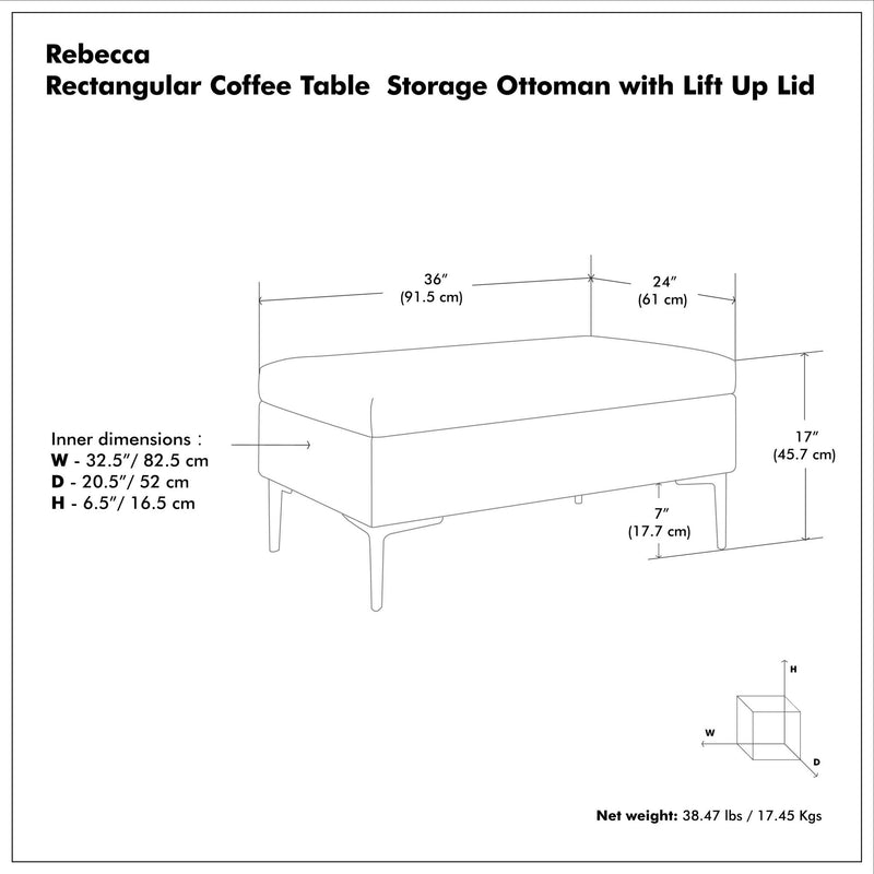 Simpli-Home Rebecca multifunctional coffee table storage ottoman with lift-up lid and soft fabric upholstery.