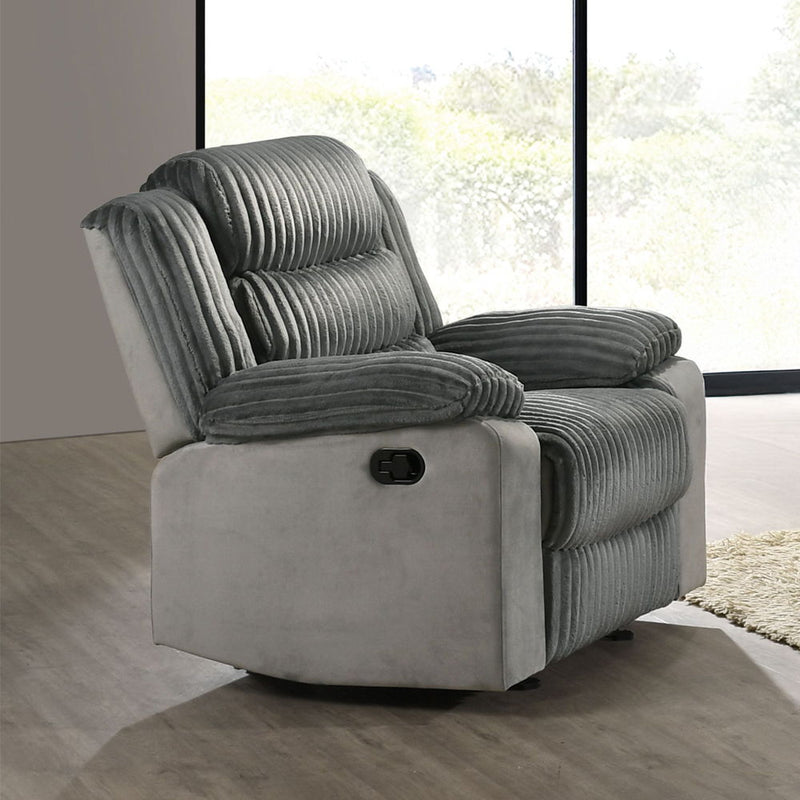Lesley - Motion Glider Recliner - Gray Corduroy & Velvet - R&R Furniture Gallery (Fountain Valley, CA)