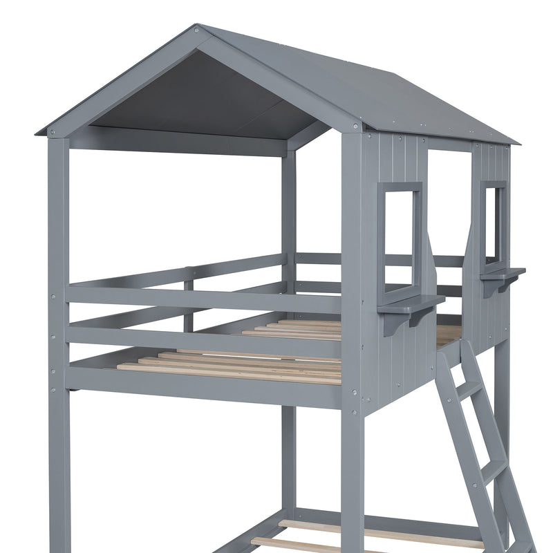 Twin Over Twin Bunk Bed With Roof, Window, Guardrail, Ladder - R&R Furniture Gallery (Fountain Valley, CA)